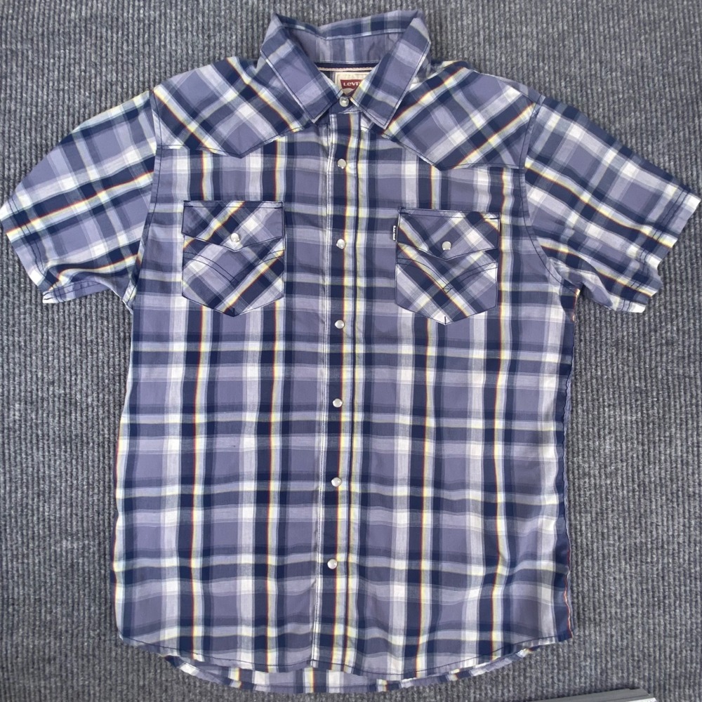 Levi's Western Shirt Mens Large Blue Plaid Pearl Snap Short Sleeve Modern Fit